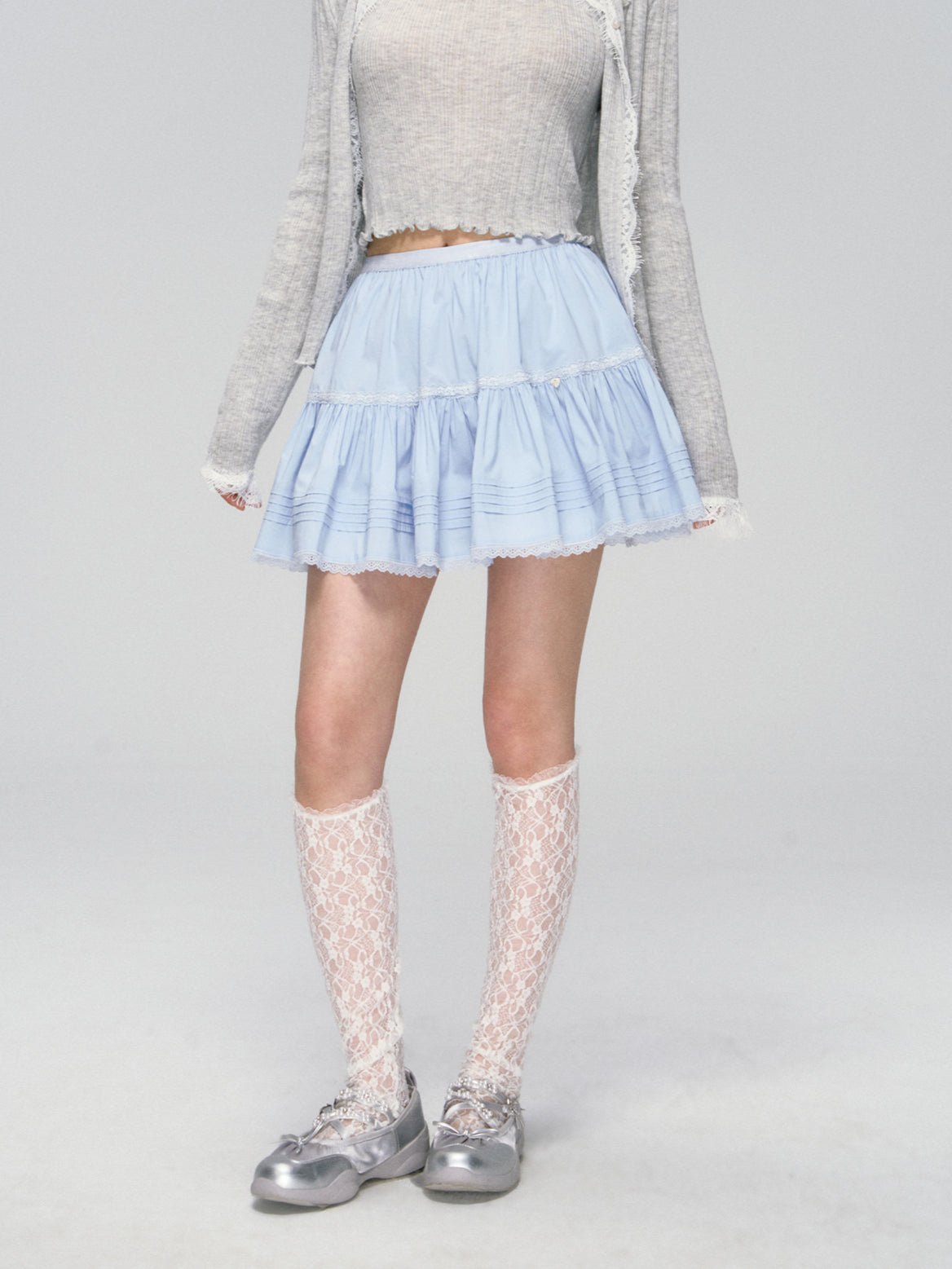 Blue Lace Trim Layered Skirt