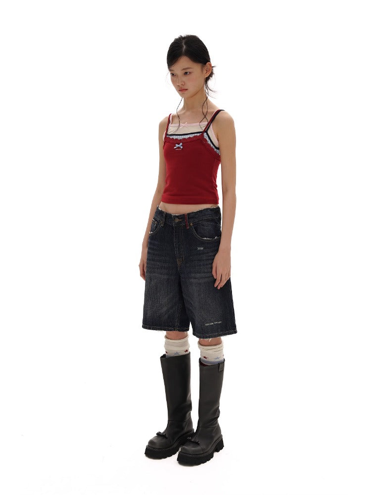 Vintage Cat Whisker Spray Camouflage Denim Capri & Pants