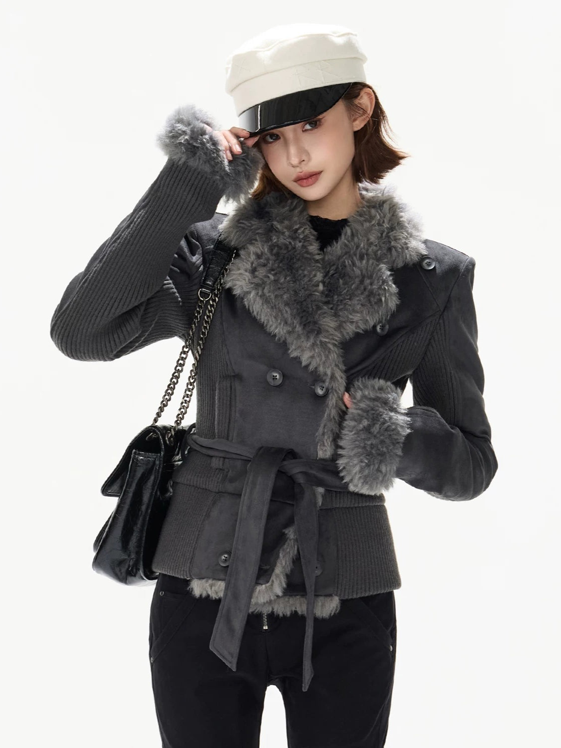 Suede Shearling Belted Jacket