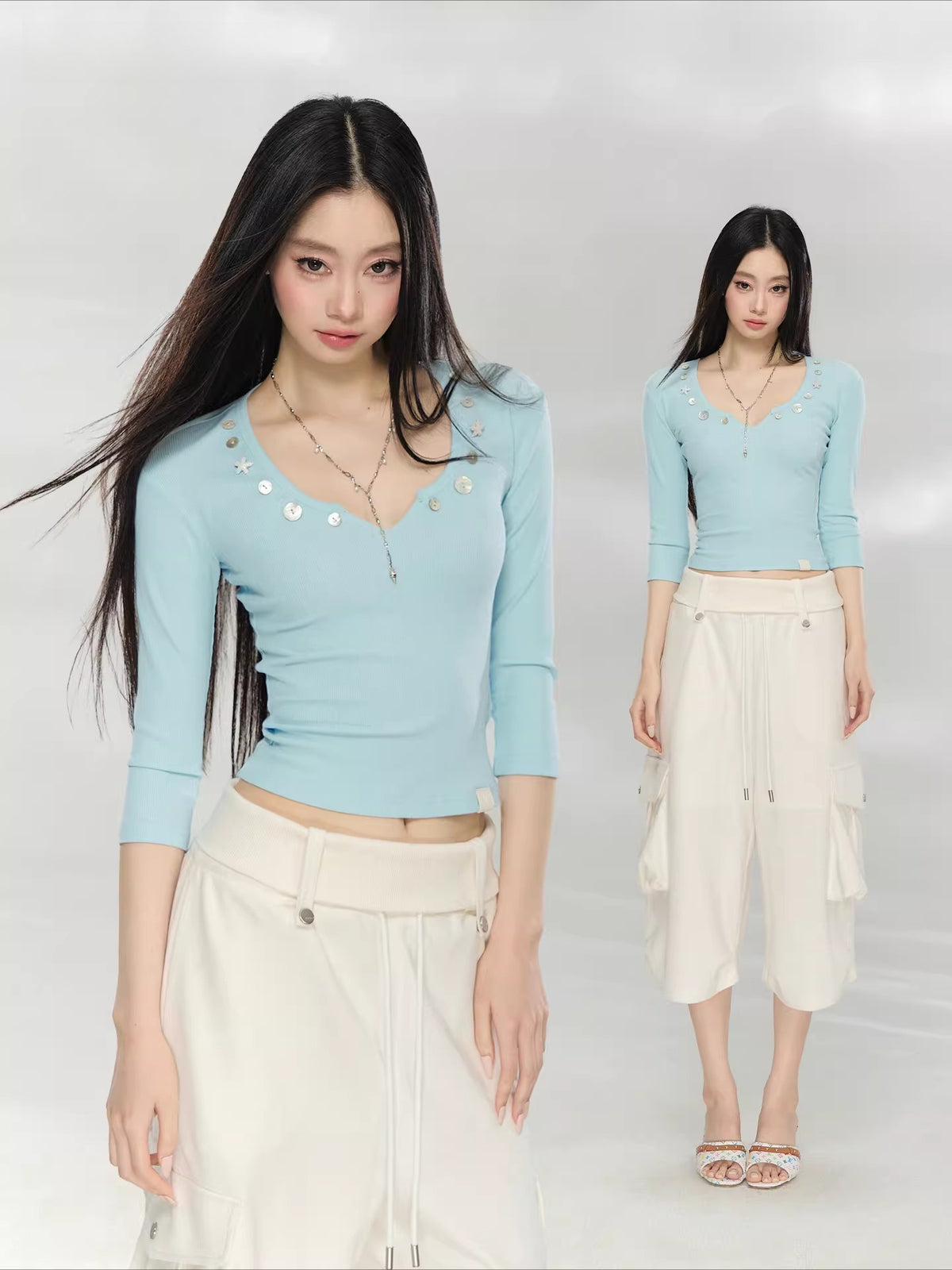 Embellished V-Neck Knit Top