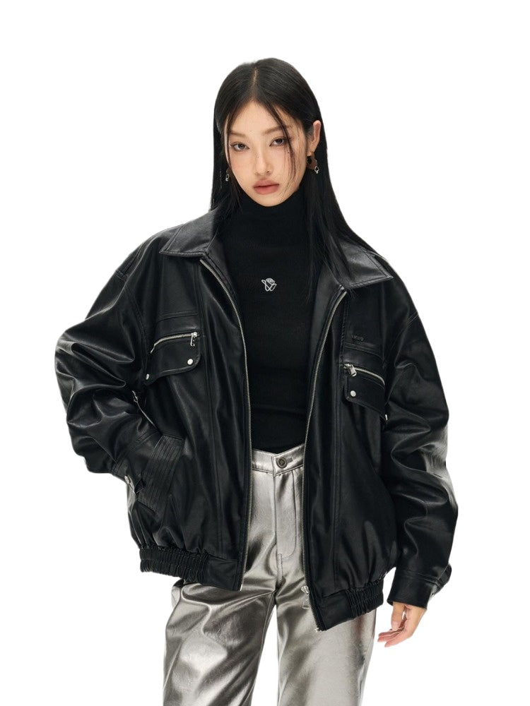 Black & White Vintage Silhouette Collar Moto Jacket