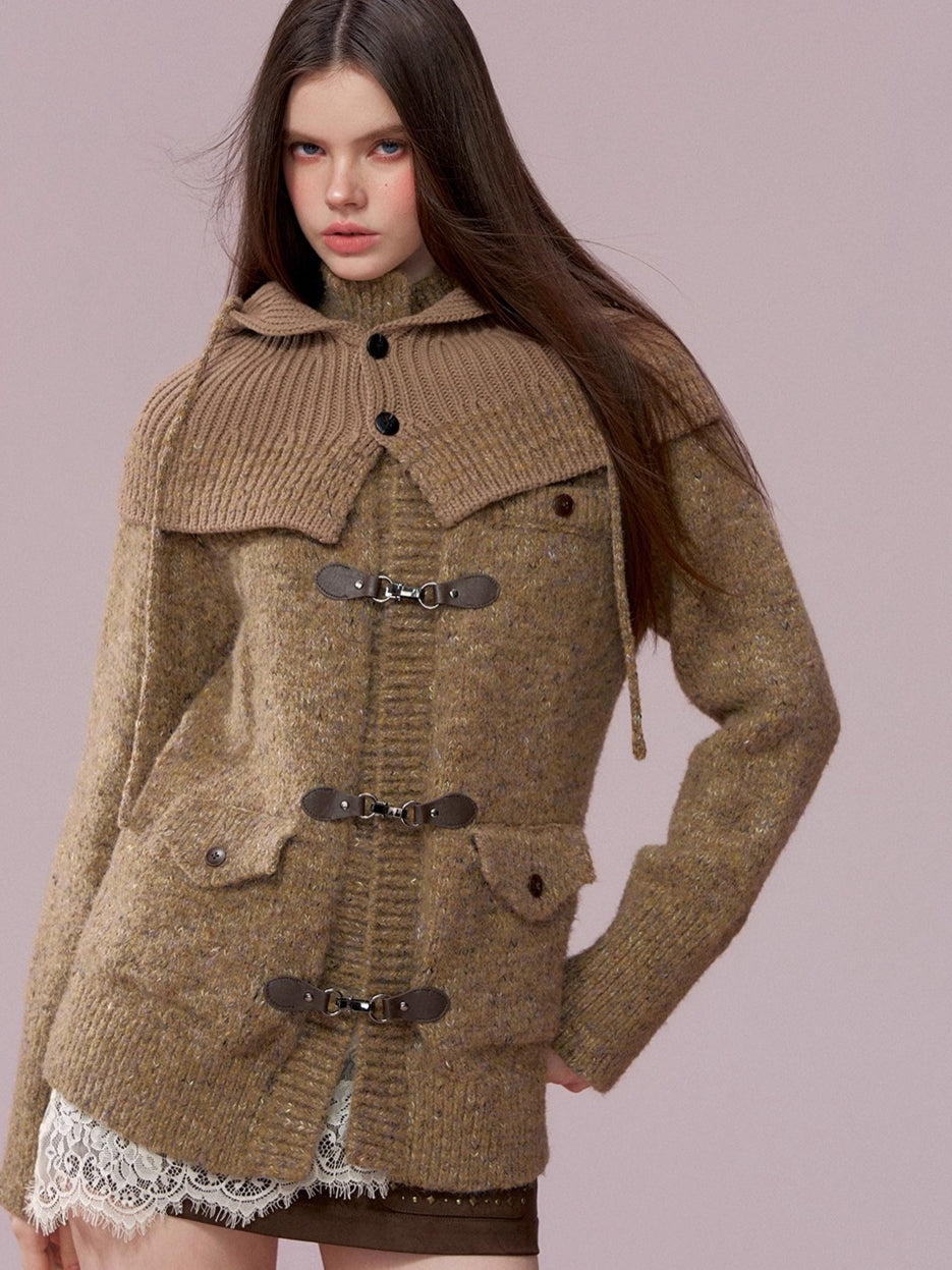 Brown Leather Buckle Cardigan & Hooded Cape Set