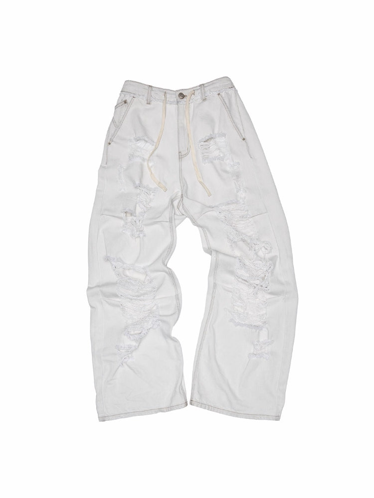 Distressed White Ripped Wide-leg Pants
