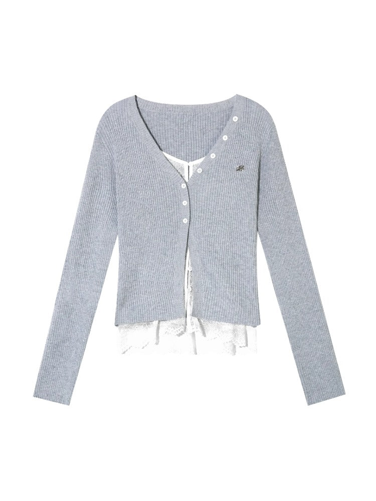 Lace Tie Fake Two-Piece Knitted Cardigan