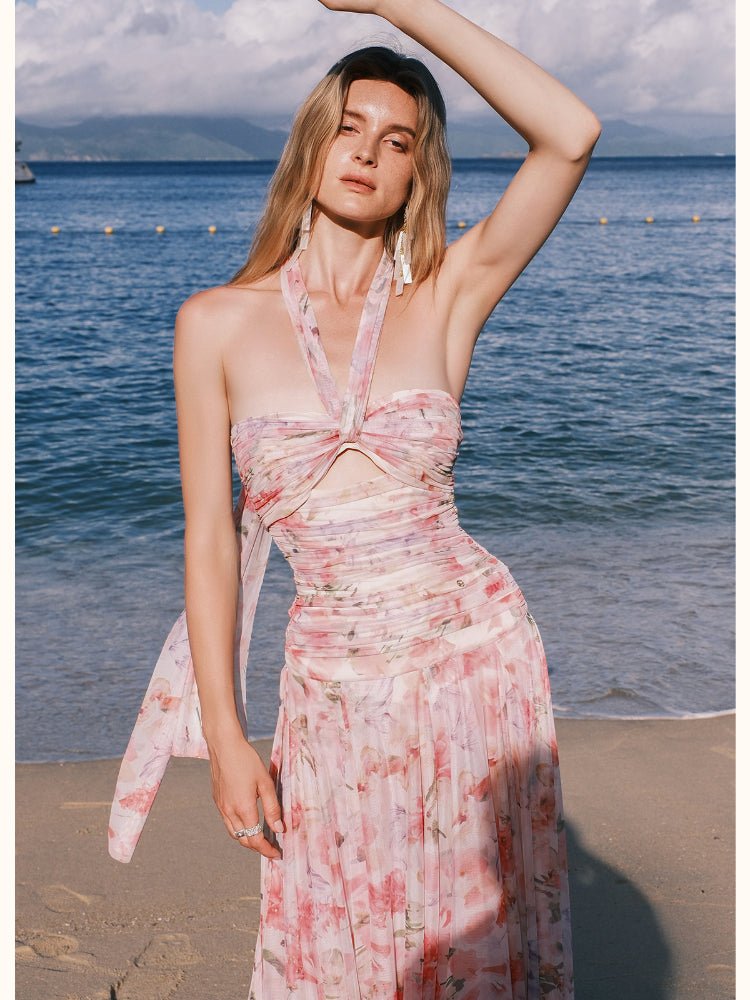 Floral-print Floral Ribbon Neckline Hollow-out Dress