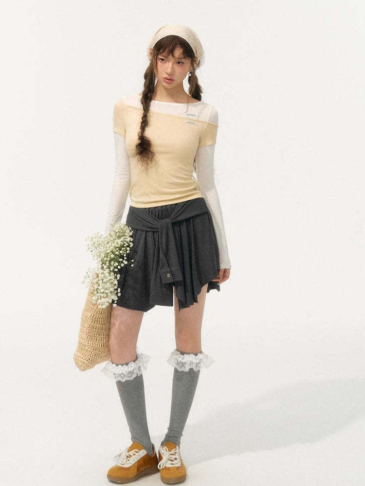 Irregular Fake Two-Piece Color-Block Knit T-shirt