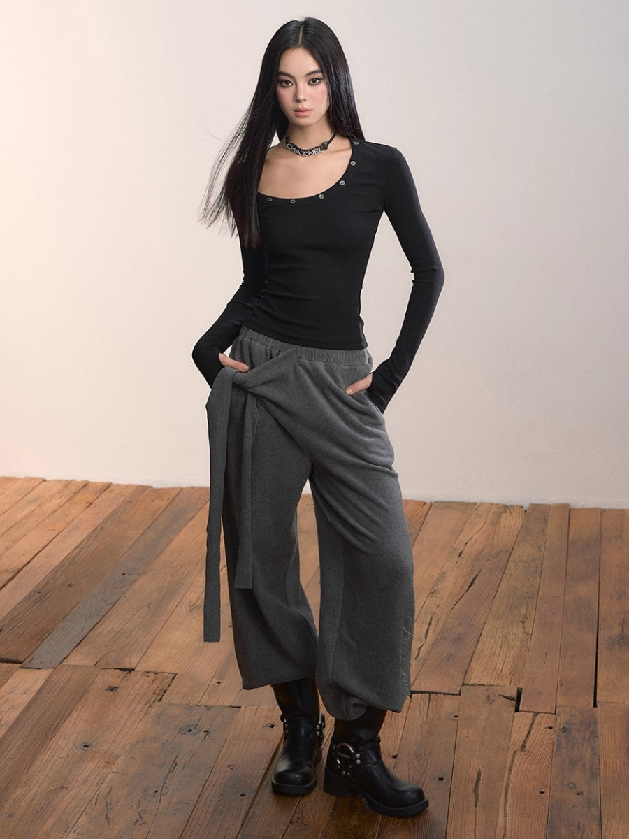 Studded Asymmetric U-Neck Long Sleeve Knit Top