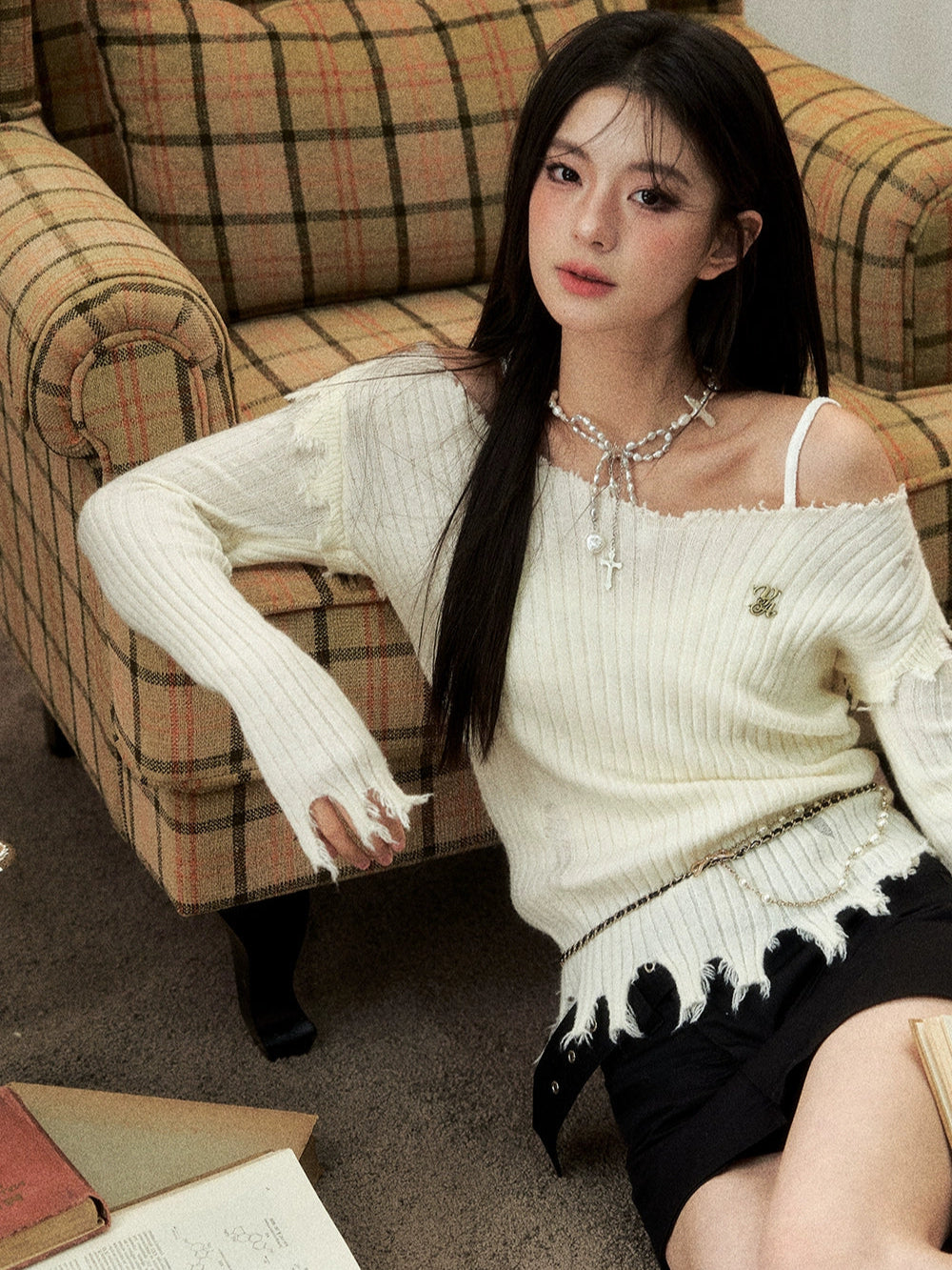 Khaki & Off-white Frayed Edge Sweater