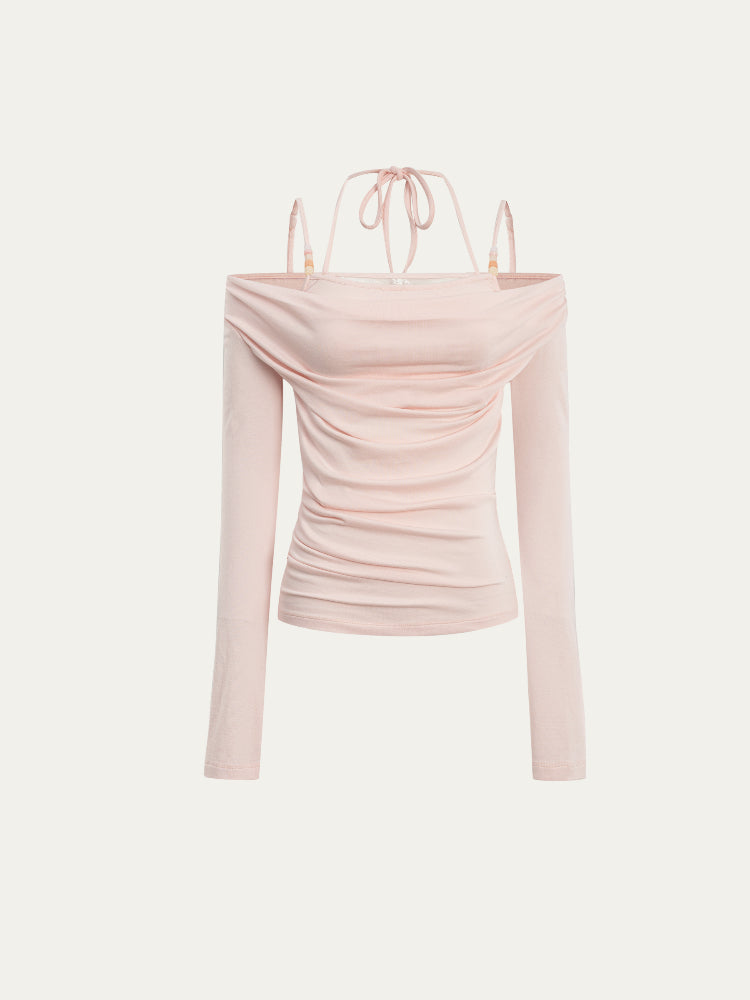 Beaded Halter Fake Two- Piece Long-Sleeve T-Shirt