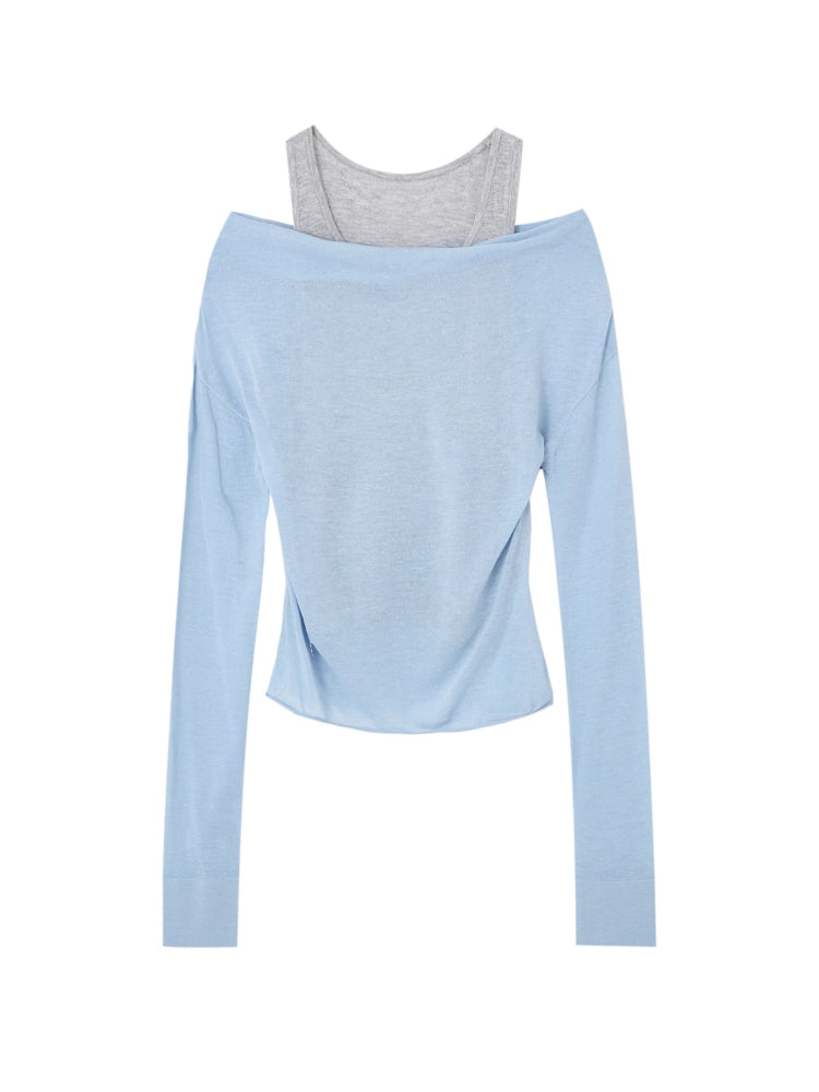 Fake Two-Piece Color-Block Draped Collar Knit Top