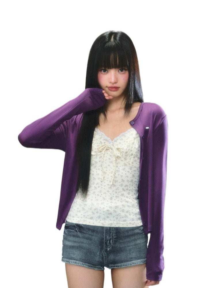Purple Knit Cropped Cardigan