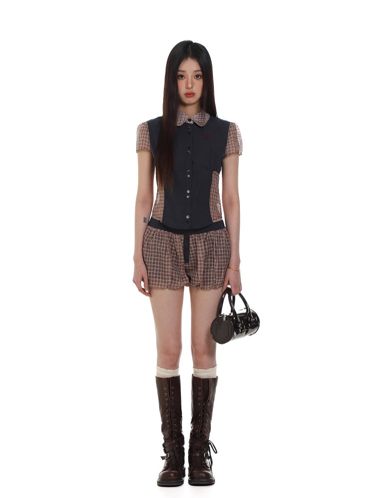 Retro Plaid Split Short Sleeve Shirt & Puff Skirt Set