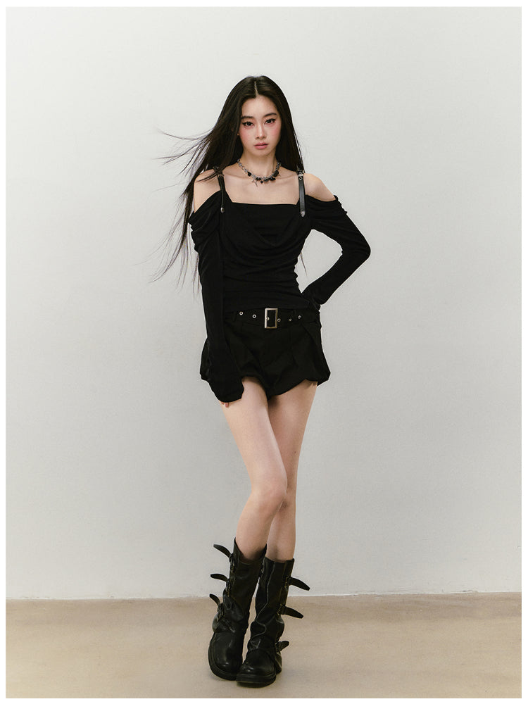Draped Neck Leather Strap Acetate One-shoulder T-shirt