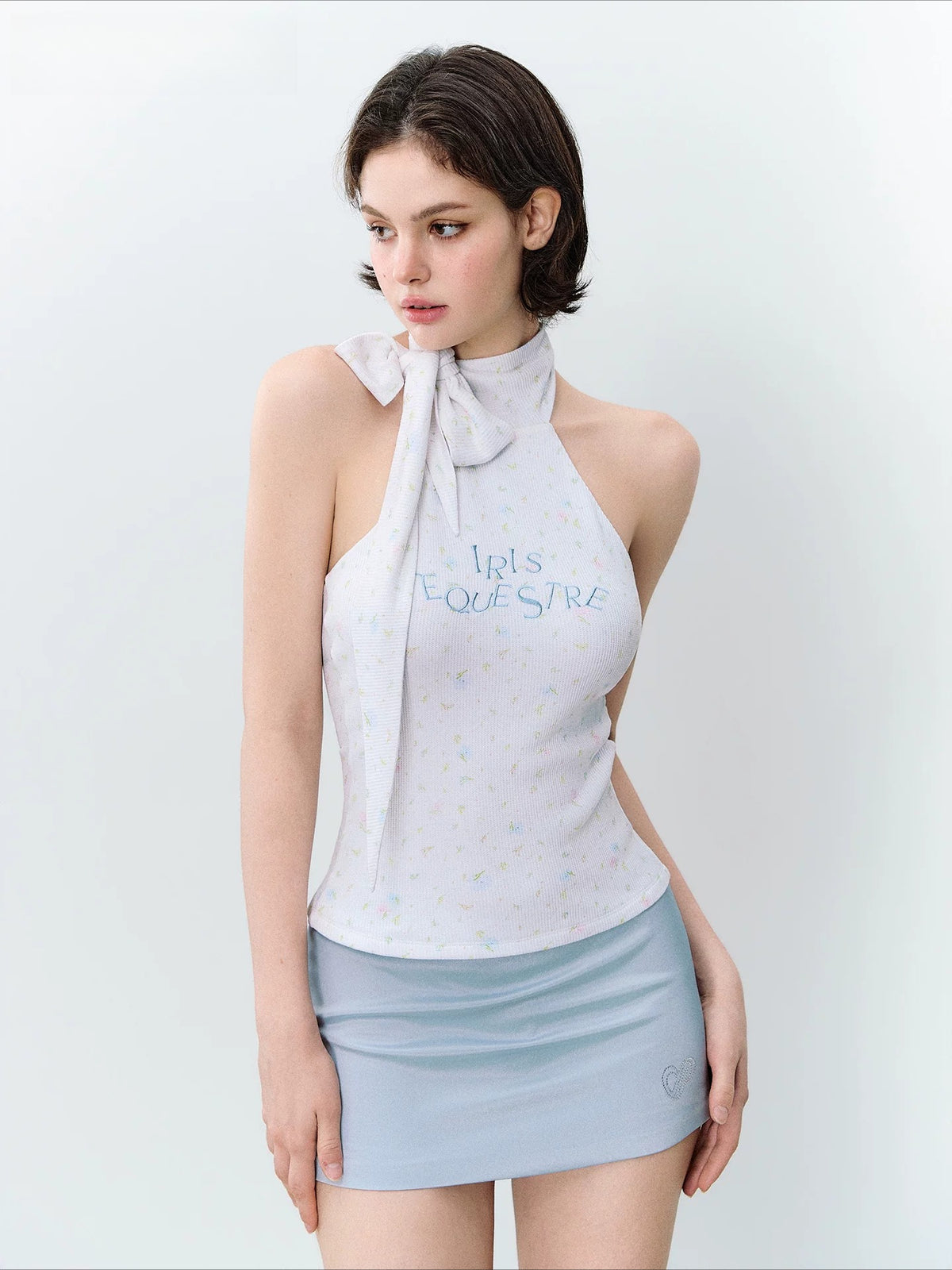 Contrast-Letter Bow-Tie Halter Top