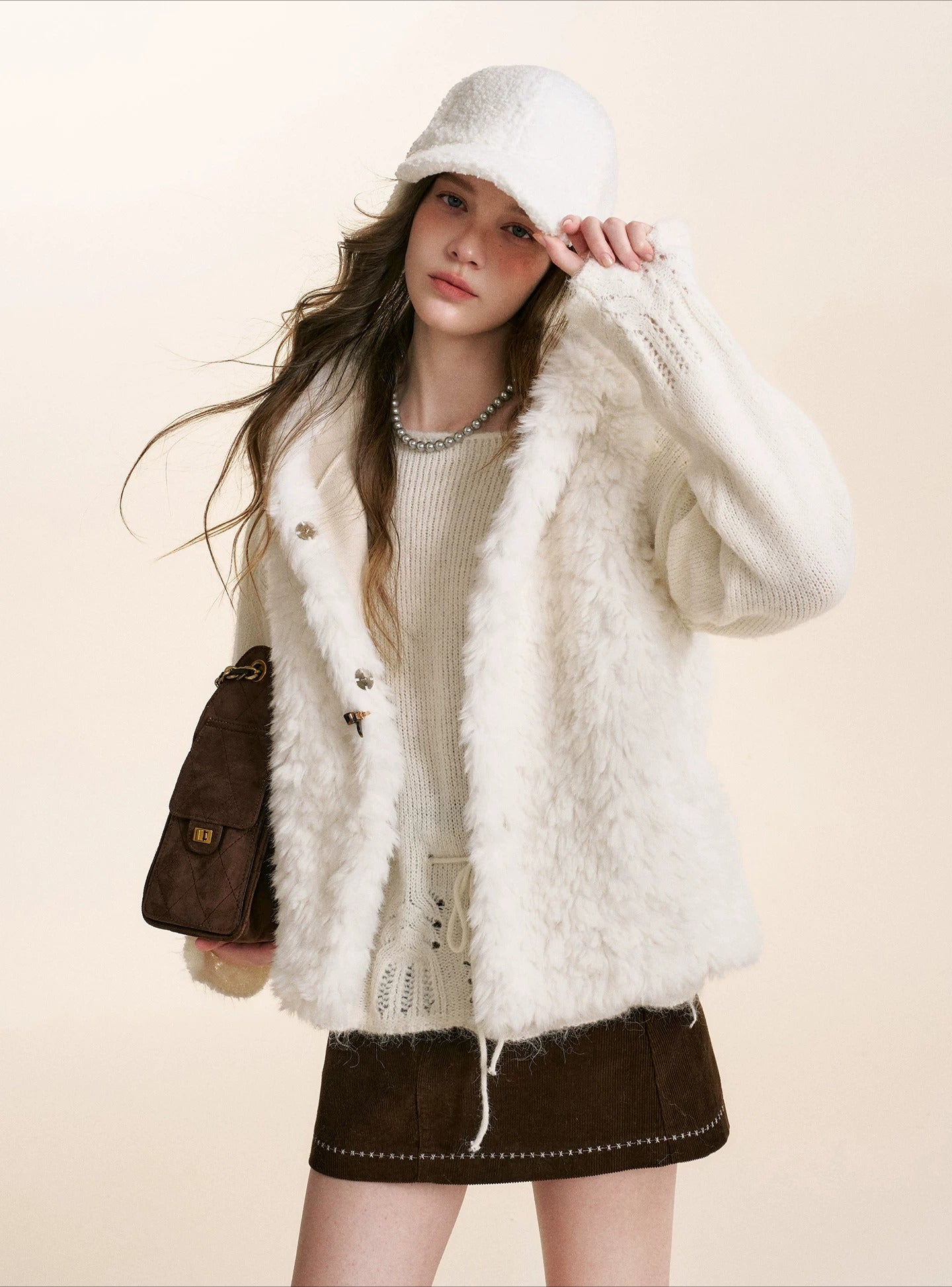 White Hooded Shearling Vest