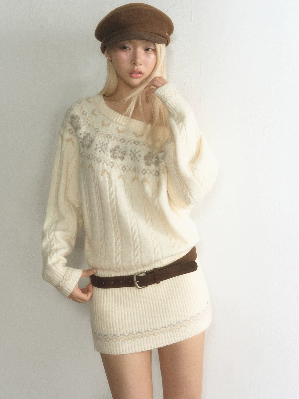 Fair Isle Asymmetric Knit Mini Dress