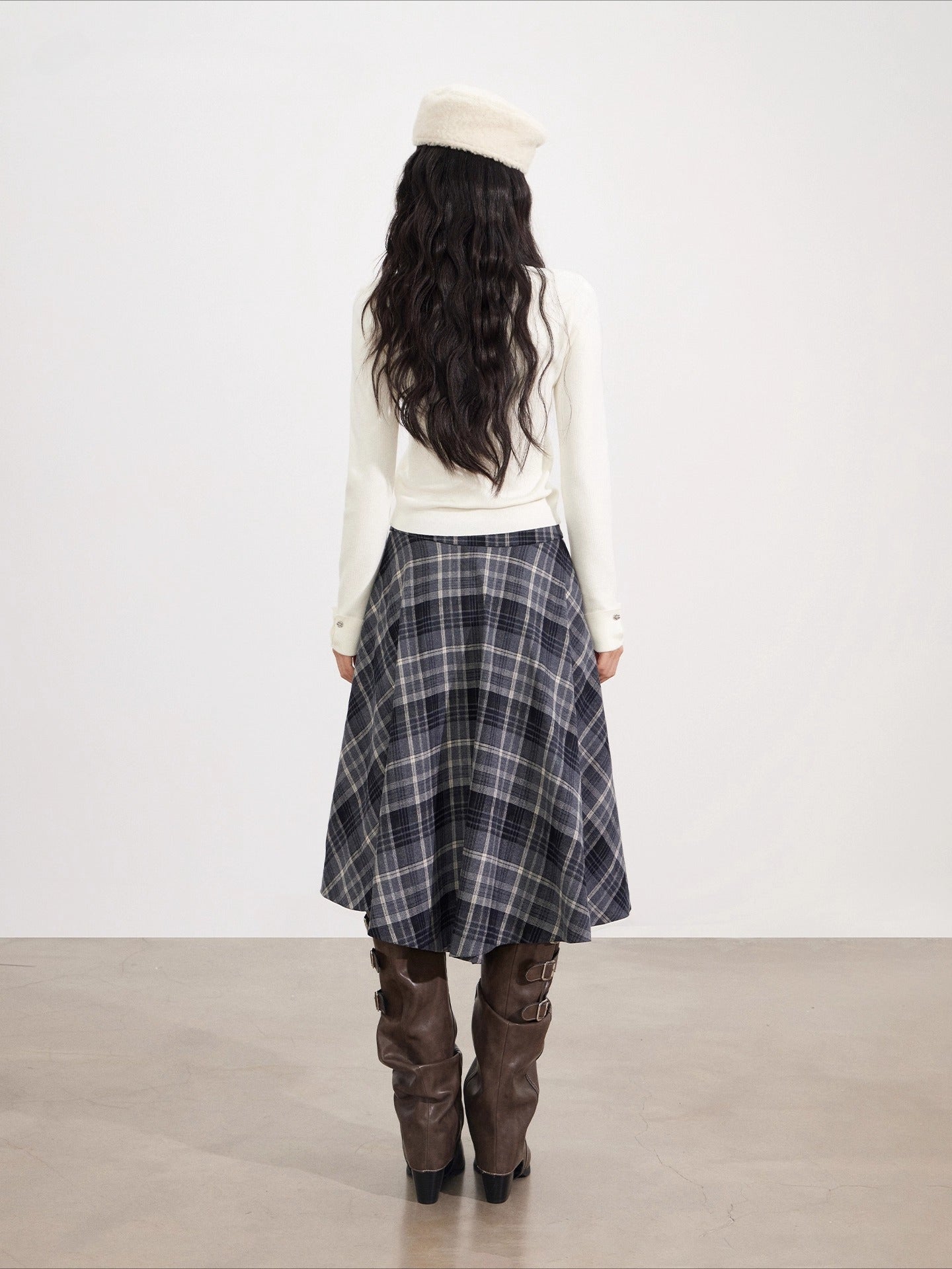 Navy Blue Plaid Wool Skirt