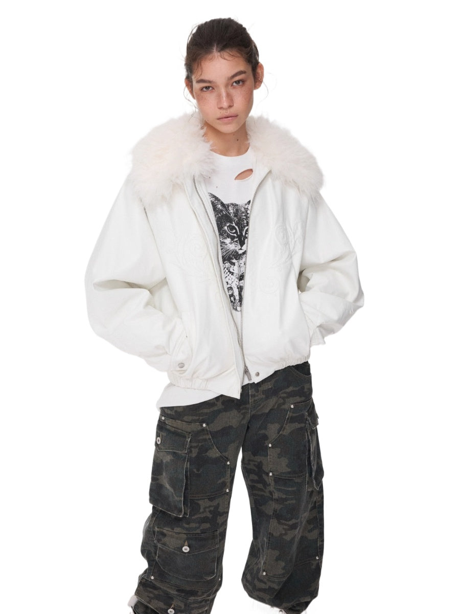 Embroidered Faux Fur Collar Leather Jacket