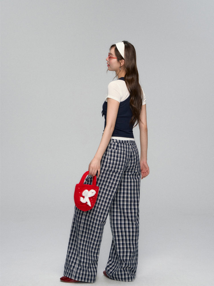 Checkered Bow Contrast Color Short-Sleeve Set
