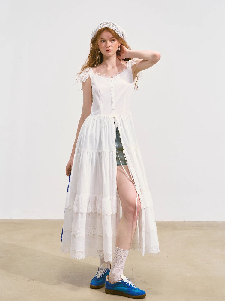 Flutter-Sleeve Waist-Cinching Strapless Dress