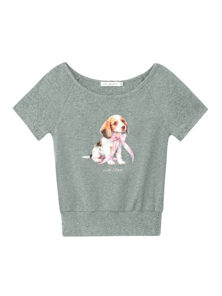 Asymmetric Shoulder Bow Puppy Printed T-Shirt