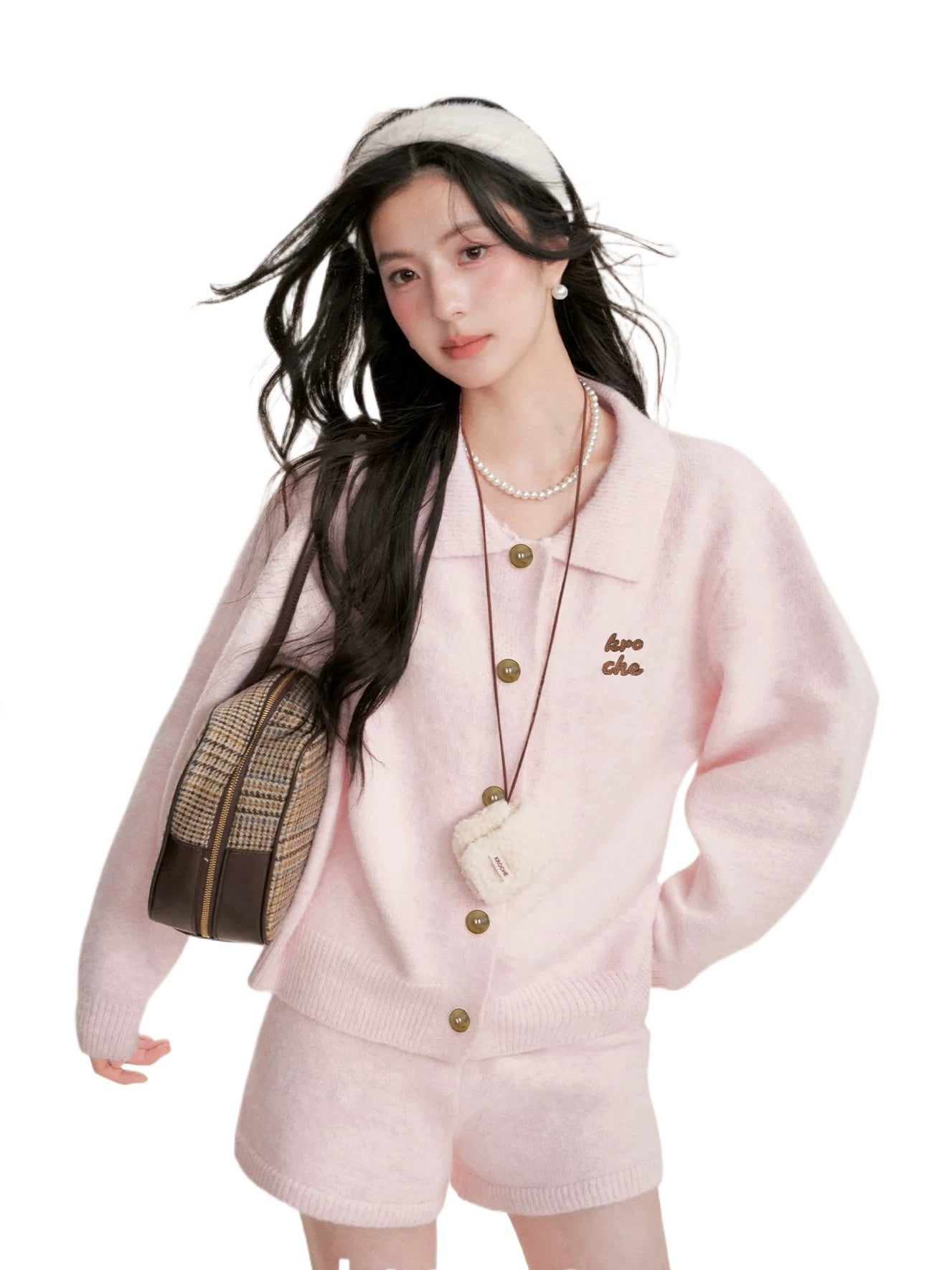 Pink Knit Turn-Down Collar Cardigan Set