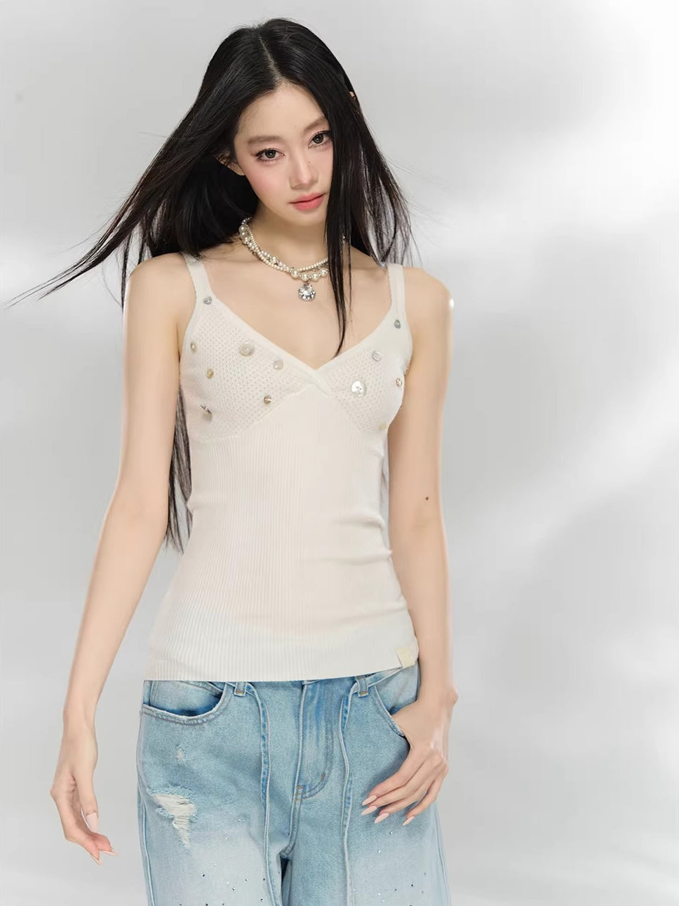 Beige Cross V-Neck Knit Top