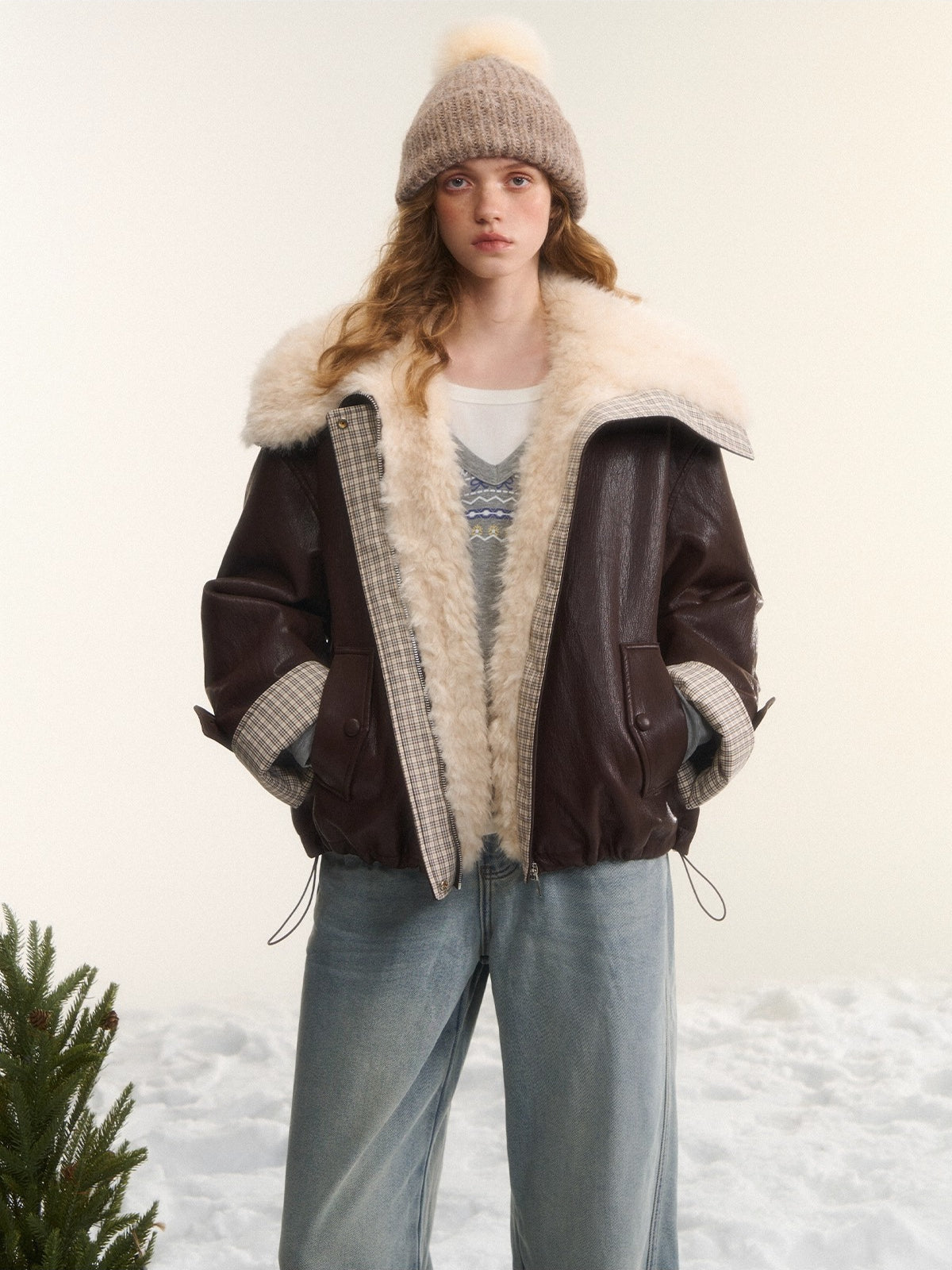 Plaid Faux Fur Collar Down Jacket