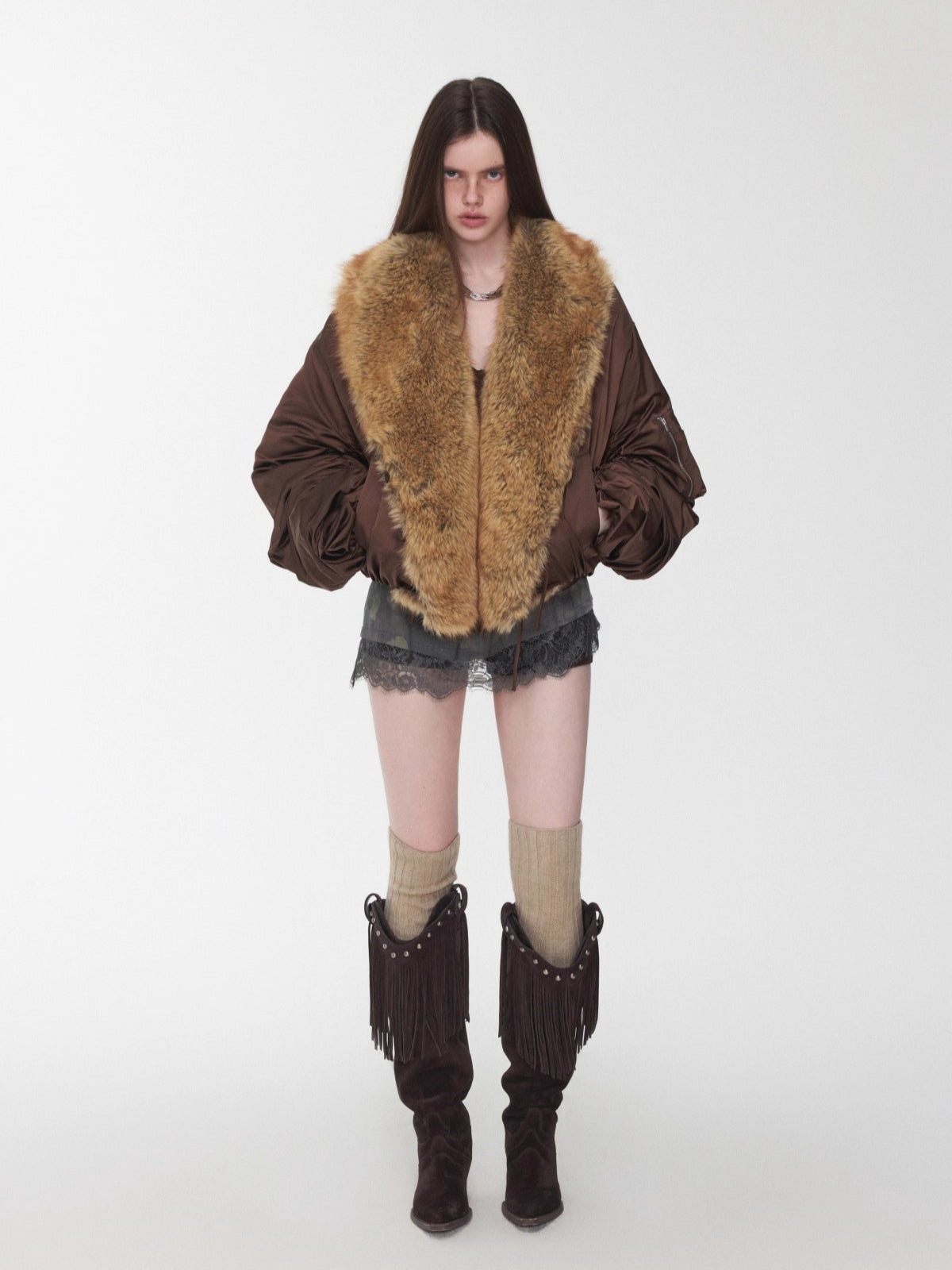 Brown Faux-Fur Collar Bomber Jacket