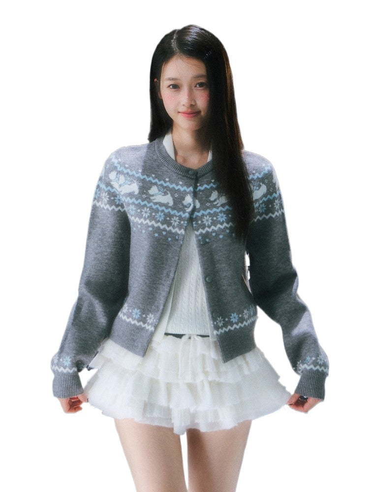 Gray Fair Isle Pattern Knit Cardigan