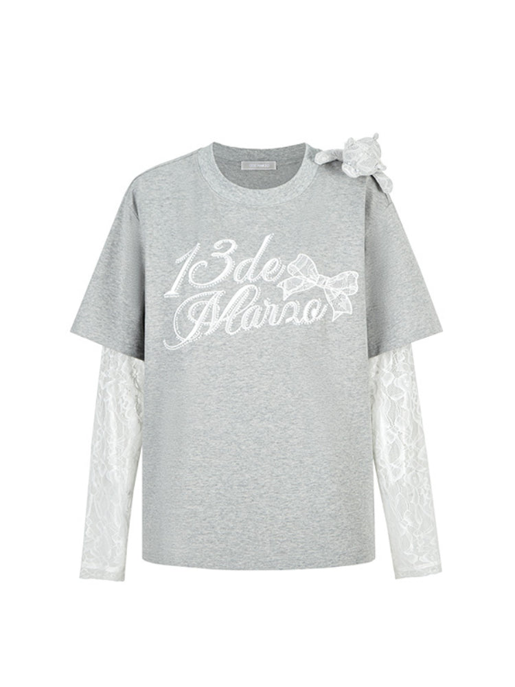 Lace Bear Fake Two- Piece Round-Neck T-Shirt
