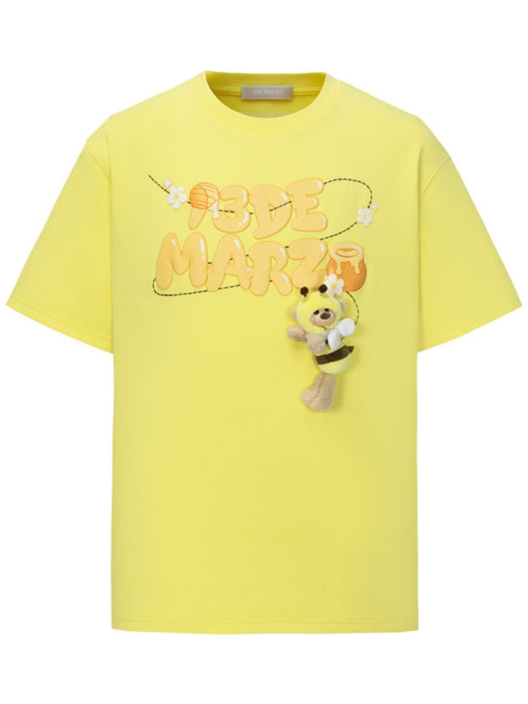 Bee Bear Illustration Round-Neck Cotton T-Shirt
