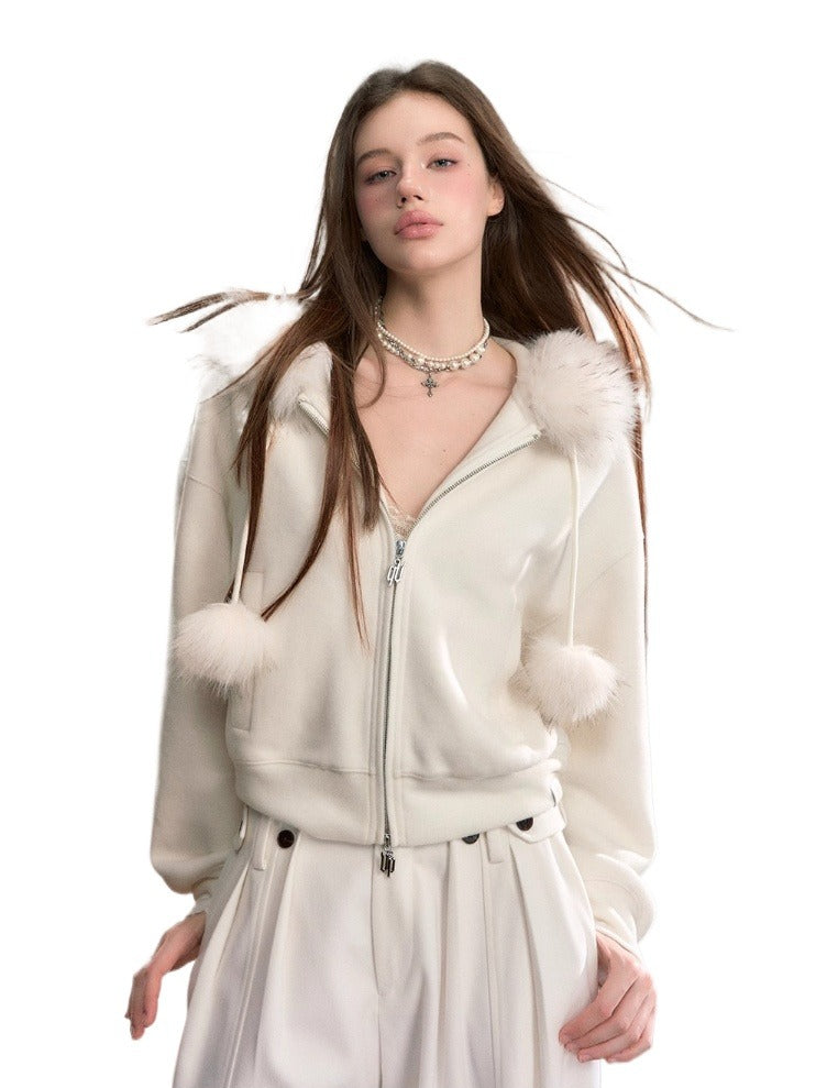 Furry Pom-Pom Hooded Sweatshirt