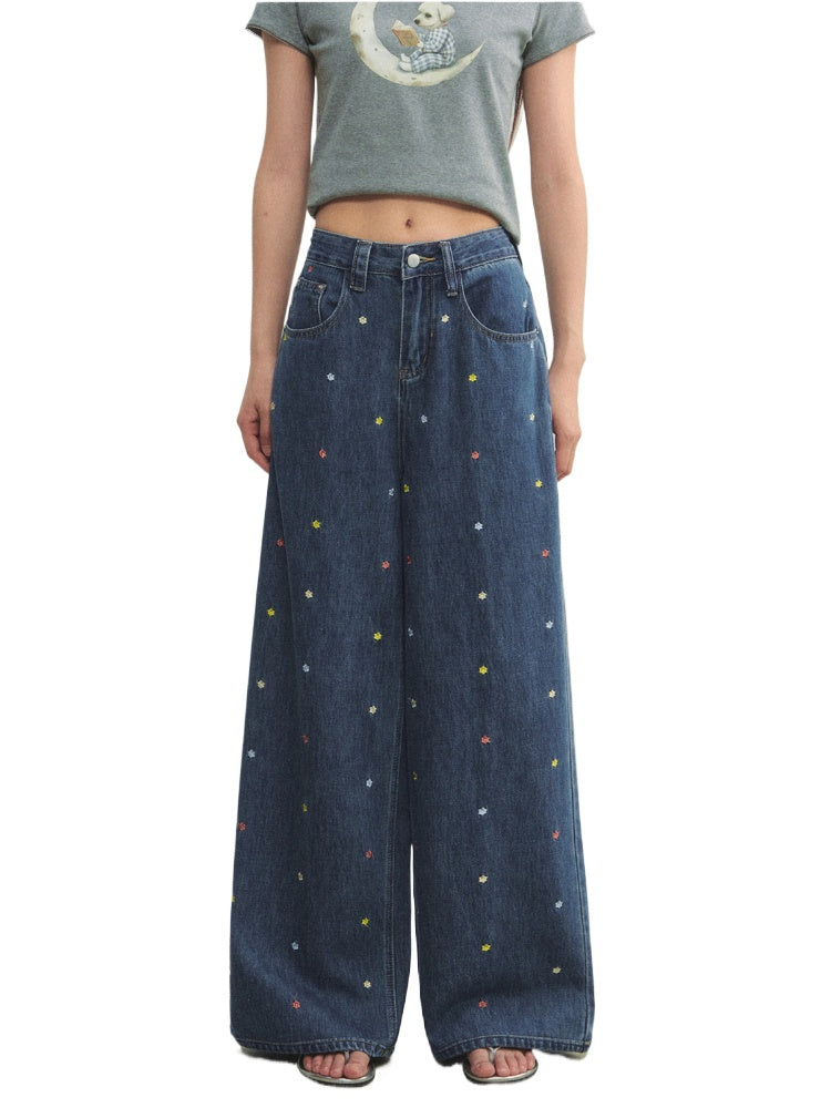 Colorful Floral Embroidered Straight-Leg Jeans