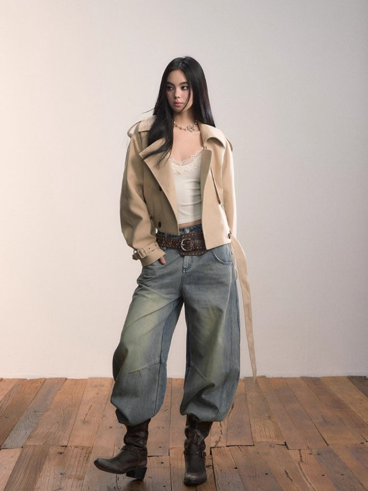 Short Double-Breasted Belted Trench Jacket