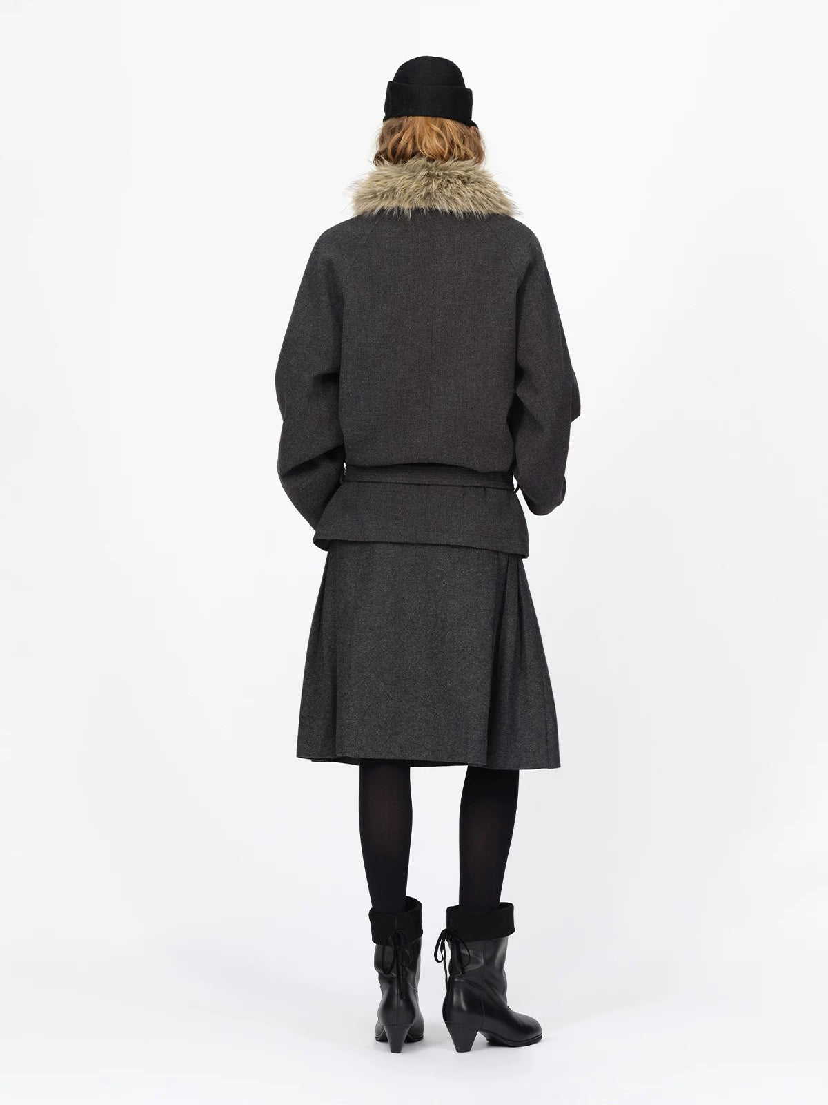 Wool Belted A Line Pleated Skirt