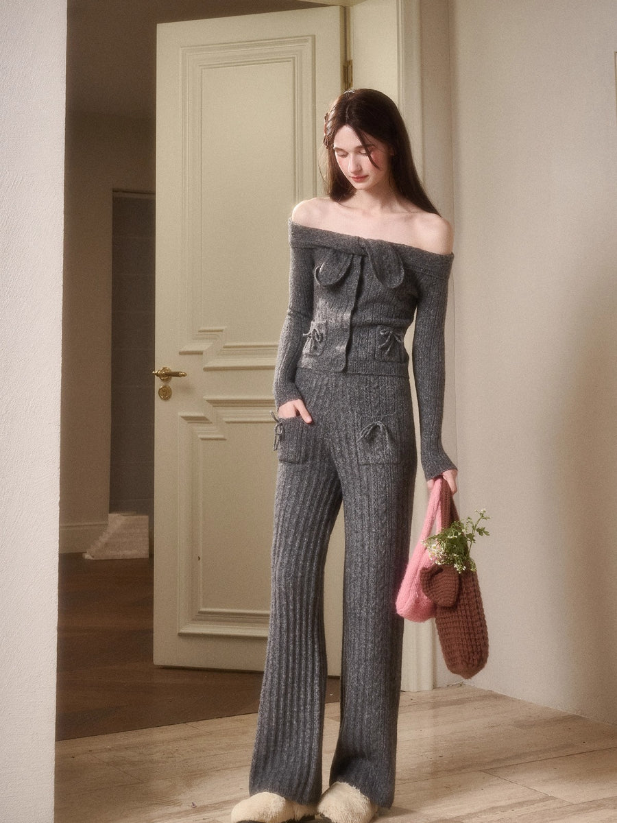 Velvet Bunny Wool Cloud Off-Shoulder Knit Cardigan & Pants Set