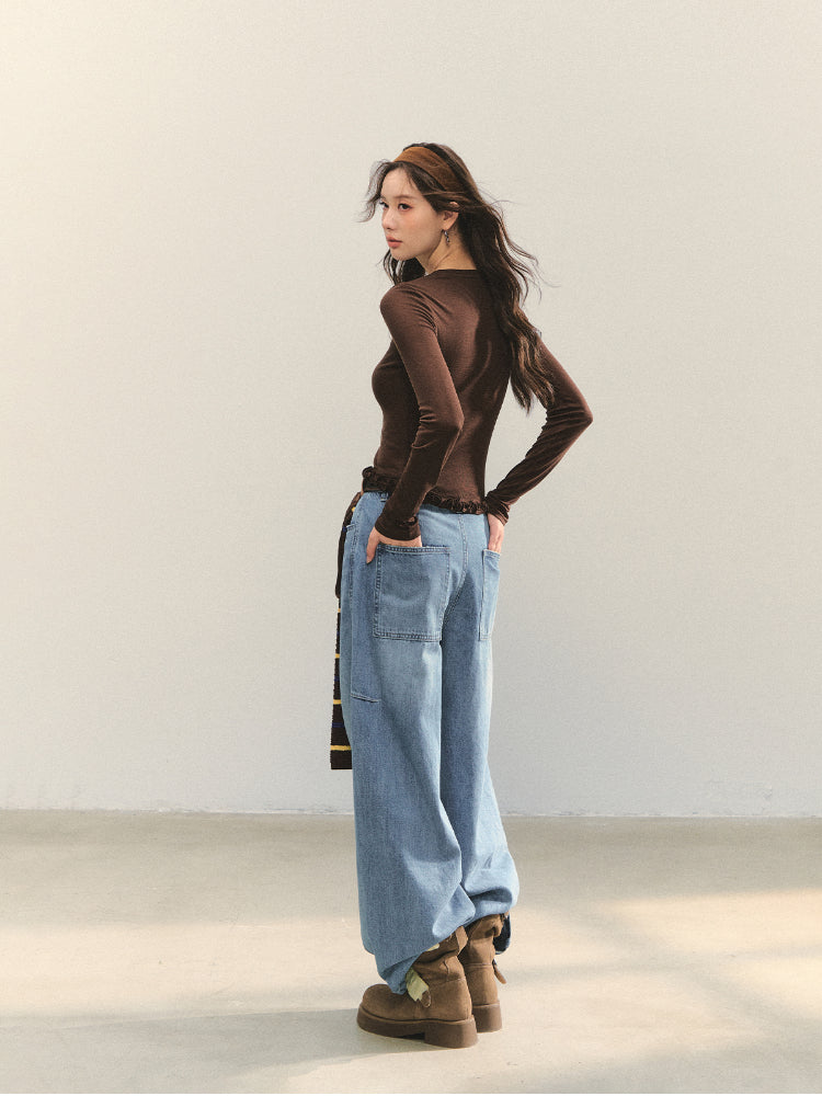 Ruffle Hem and Printed Splicing Cropped T-Shirts