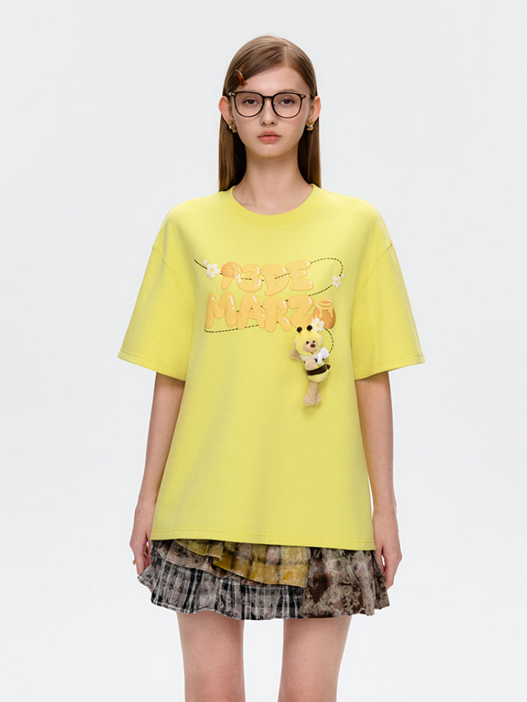 Bee Bear Illustration Round-Neck Cotton T-Shirt