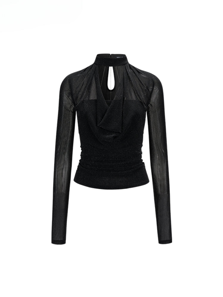 Chain Halter Draped Neck Fitted T-shirt