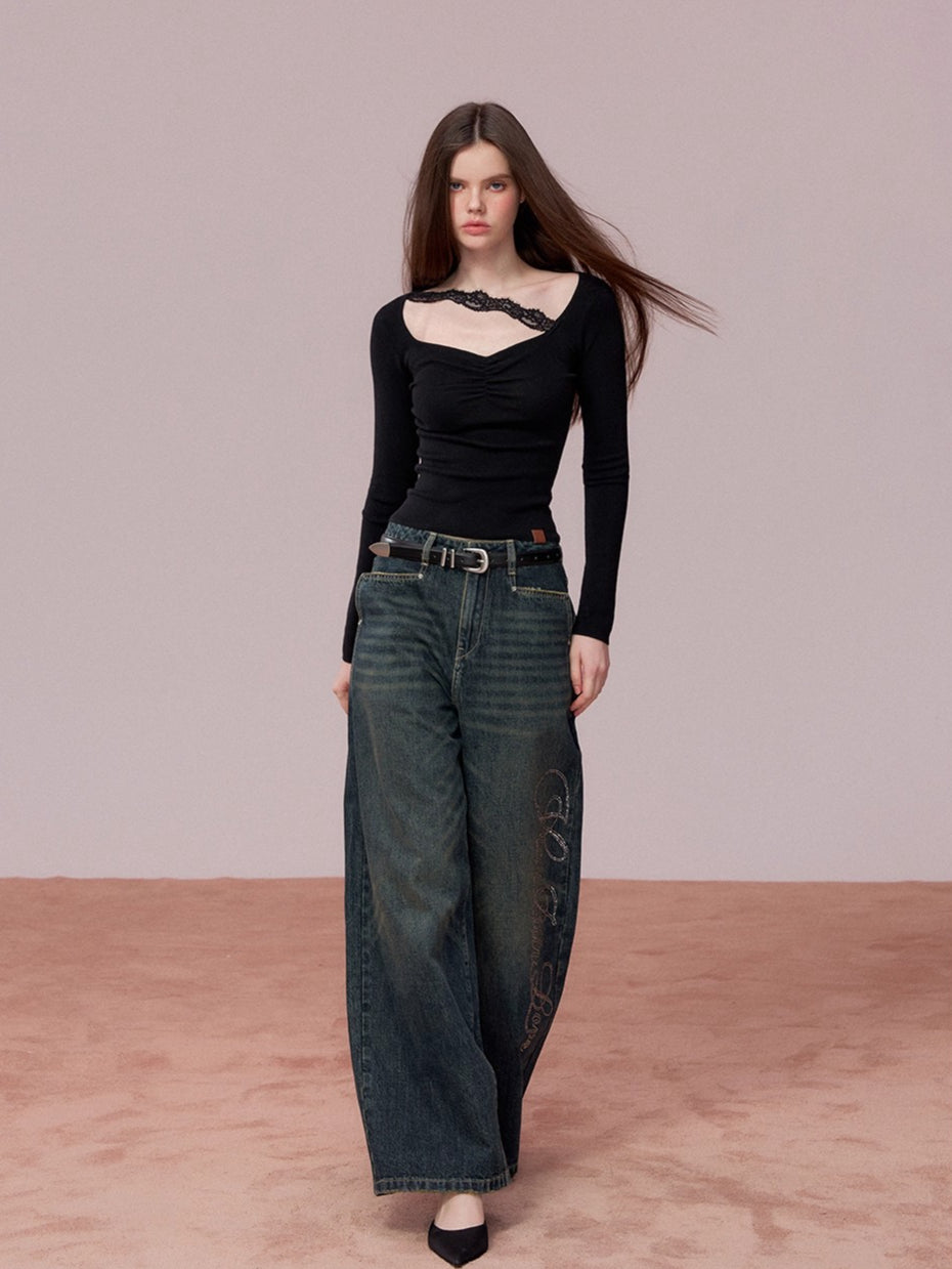 Ruched Lace Detail Knit Top