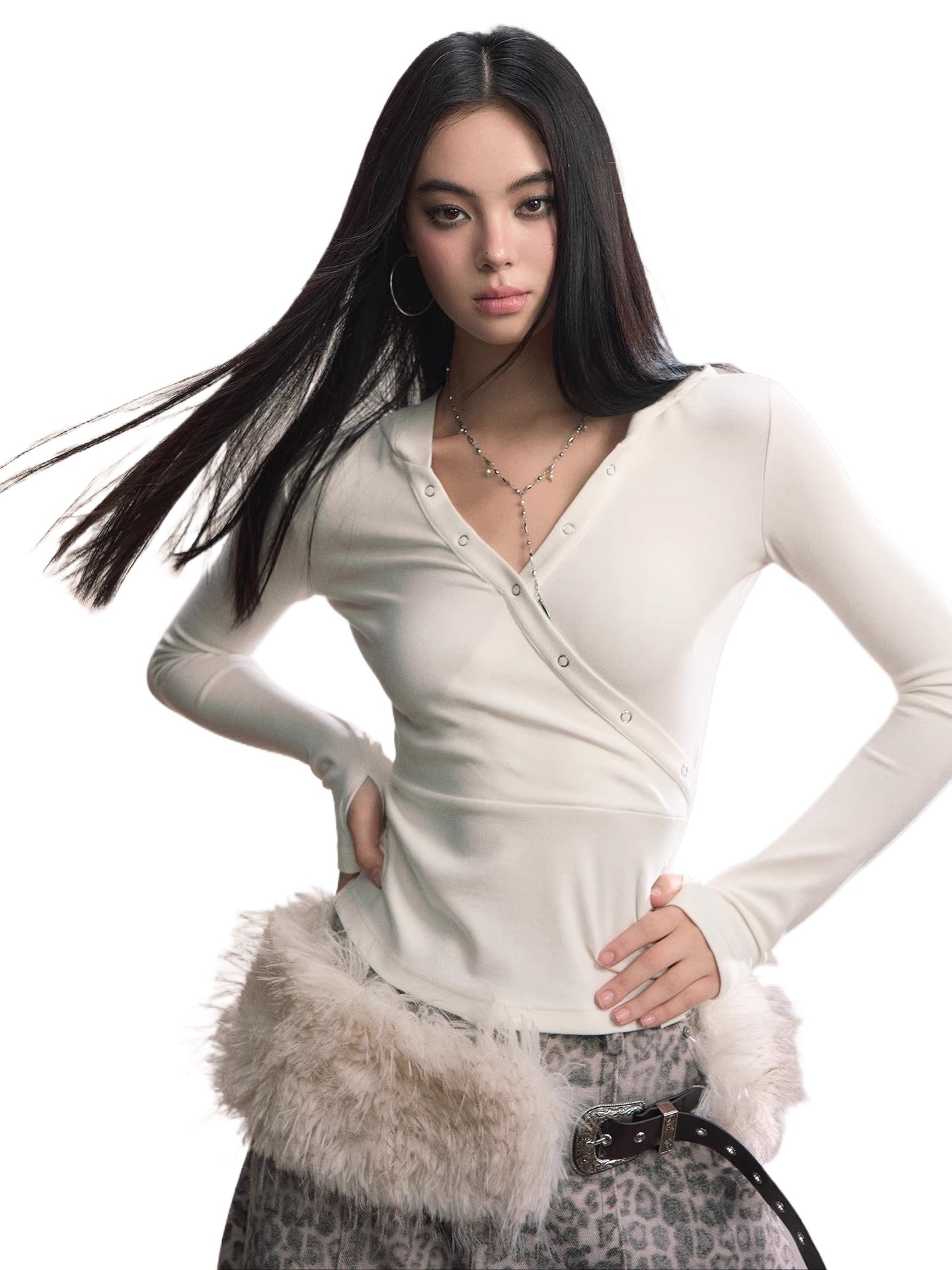 Cross Neck Hooded Slim-Fit Knit Top