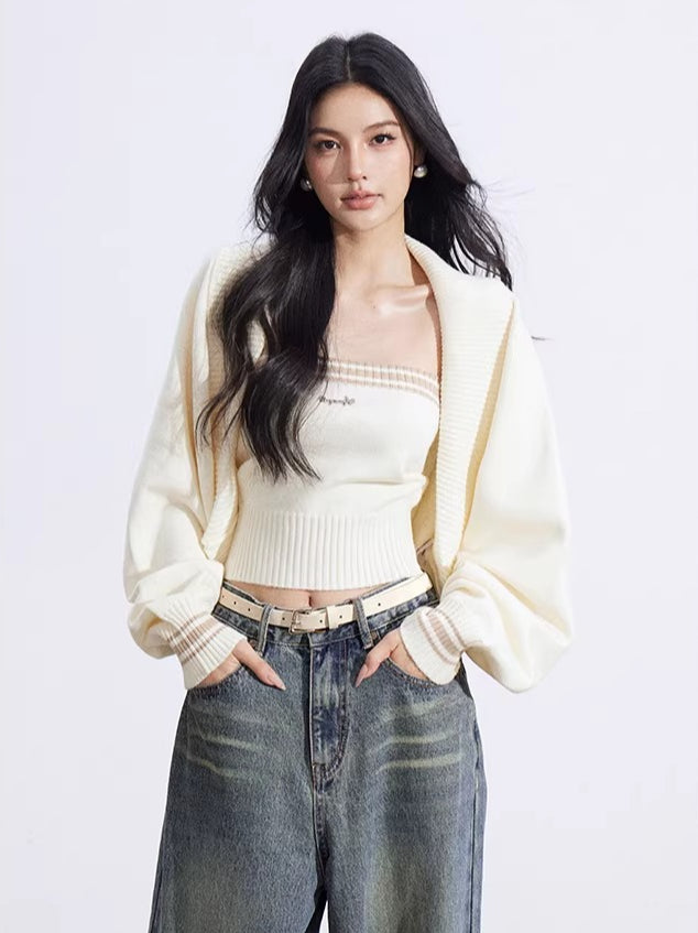 Gray & Beige Color-Block Cardigan Set