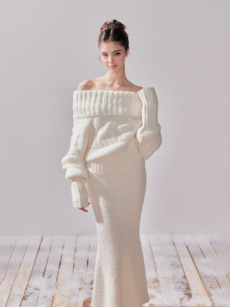 Oversized Turtleneck Off-Shoulder Sweater & Skirt Set