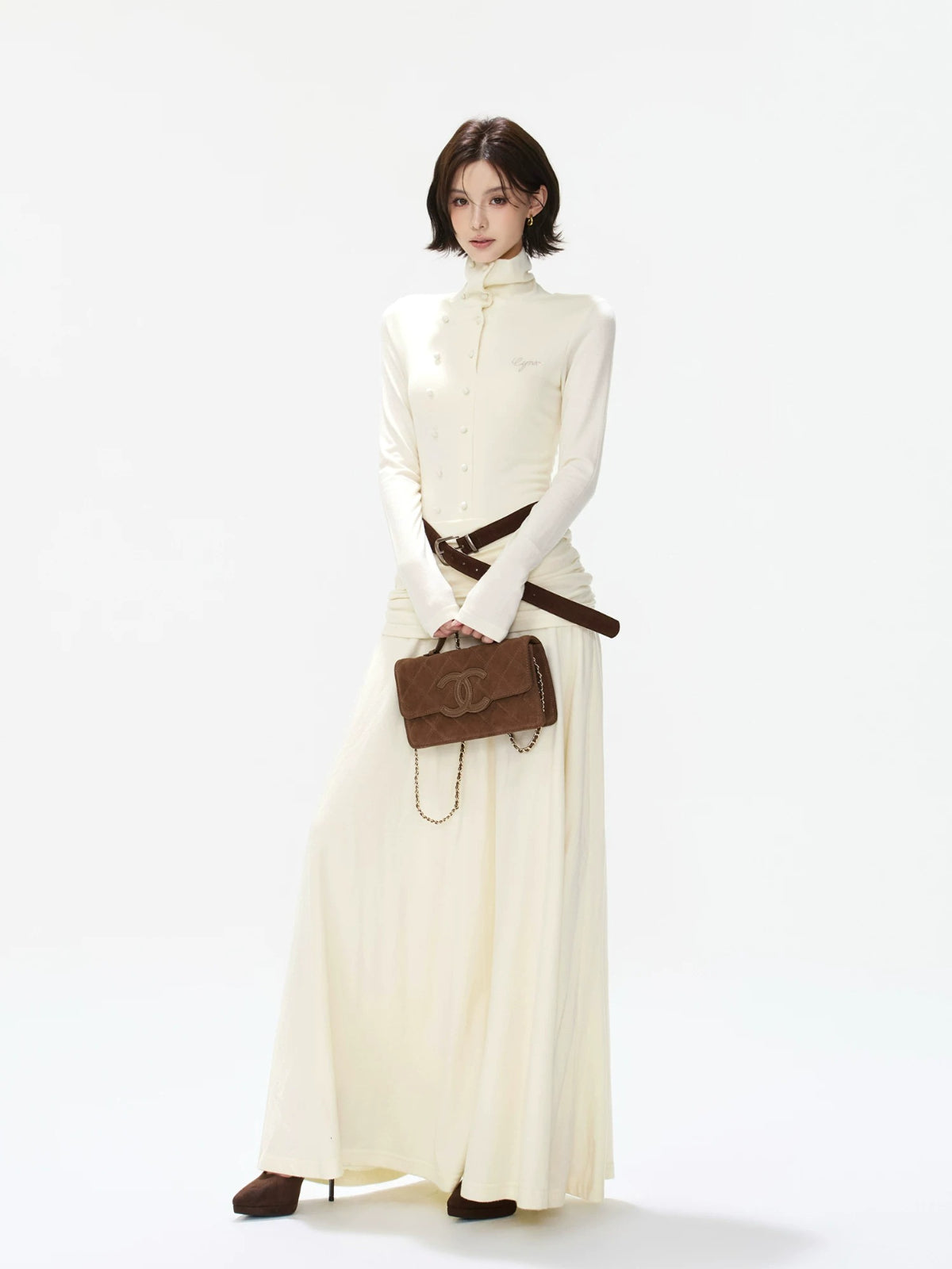 Belted Turtleneck Knit Maxi Dress