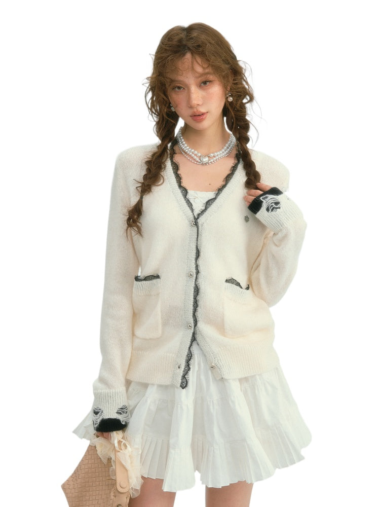 Color-Blocked Lace Trim Cardigan