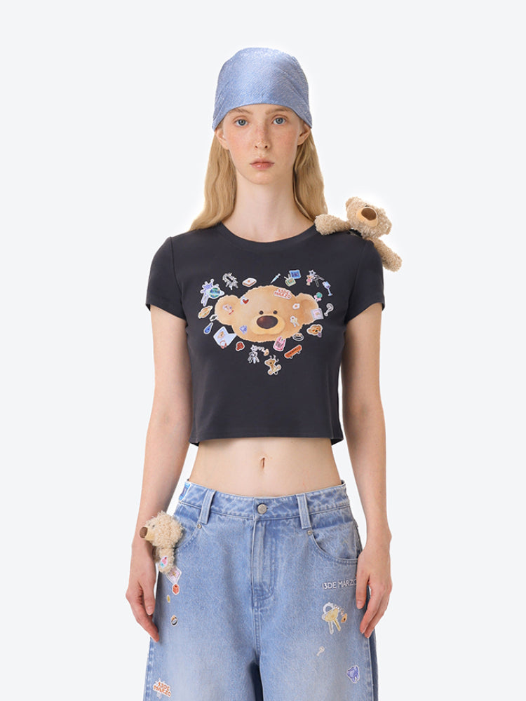 Sticker Bear Head Crew Neck Cotton T-shirt