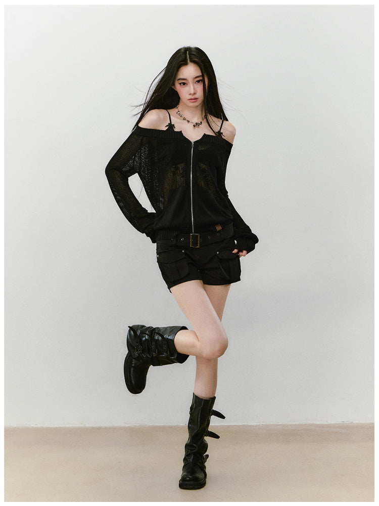 Knitted Floral Convertible Hollow-out Coat