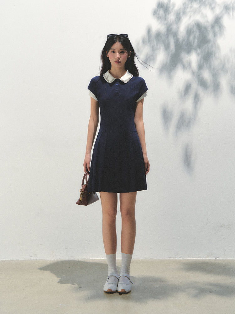 Polo Collar Rhinestone Pleated Dress