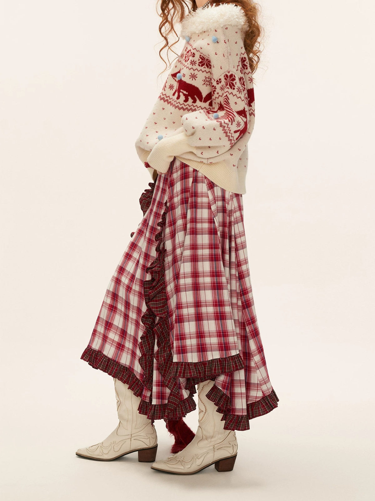 Asymmetric Ruffle Plaid Midi Skirt